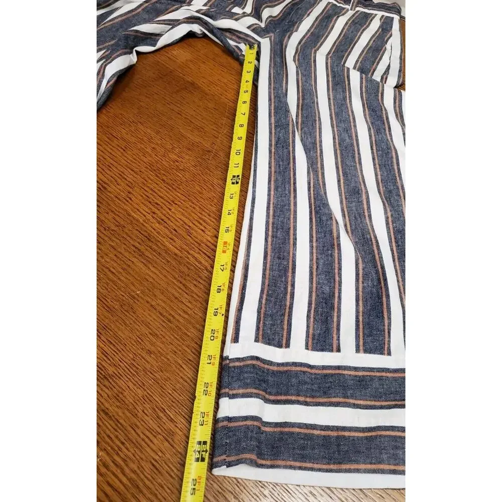 Banana Republic 0 Women LINEN Pants‎ Wide Leg Crop High Rise Striped Blue